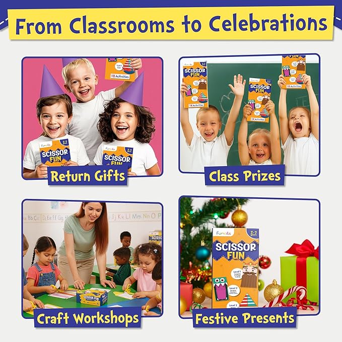 Funcils Educational Kids Party Favors (15 Pack) - Scissor Skills Craft Activity Kits with Book, Scissors & Glue - Birthday Goodie Bags Stuffers, Classroom Return Gifts for Boys & Girls Ages 3 4 5 6 7
