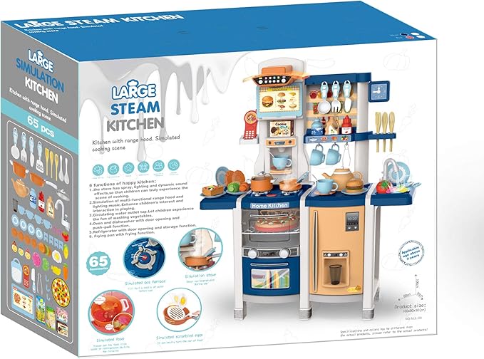 Kids Kitchen Play Set,Interactive Kids Kitchen Play Set with 65Pcs of Pretend Kitchen Toys,Realistic Sound Effects,and Simulated Functionality - Suitable for Toddlers Aged 2-12 Years (Blue)