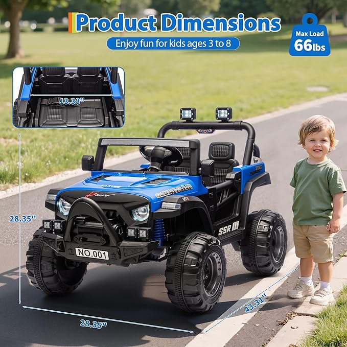 12V Ride On Car for Kids, Ride On Toy w/Parent Remote, Spring Suspension, Bluetooth, Music & Horn, LED Light, 4.1MPH Max Speed, 3 Speeds, Electric Car for Kids Toddlers Age 3-8, Blue
