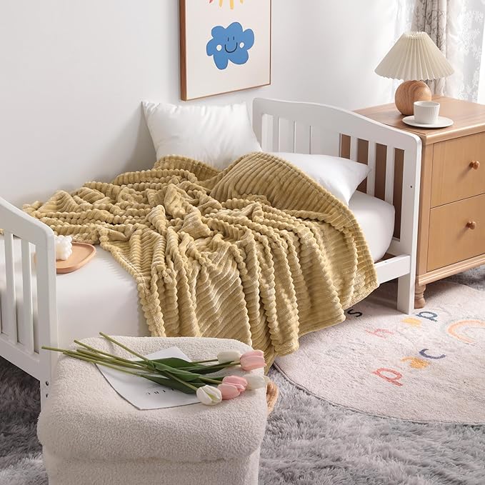 NTBAY Plush Flannel Oversized Baby Blanket, 50X60 Inches Soft and Warm Toddler Blanket with Striped Texture Nursery Bed Blanket for Stroller, Crib, Travel, Baby Gift, 50"x60", Khaki