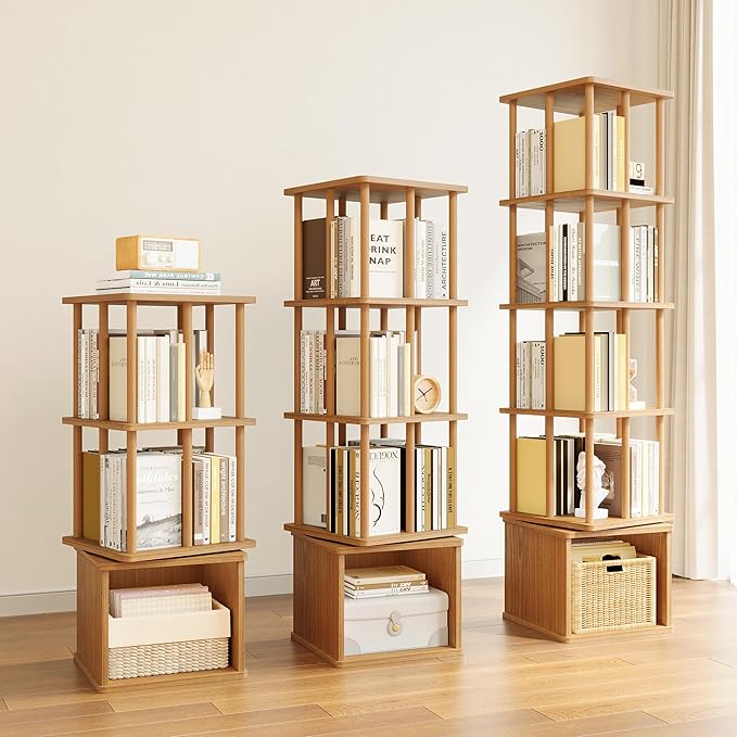IOTXY 3-Tier Rotating Bookshelf Tower - Beech Wood Frame Spinning Bookcase with Storage Base, Compact Freestanding Revolving Shelf Organizer, Oak