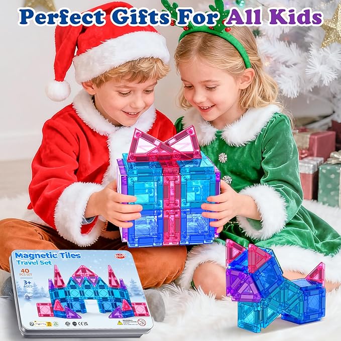 Mini Magnetic Tiles Travel Set 40PCS with Iron Box Princess Castle Pretend Girl Play Toys Age 3 4-5 6-8, Educational Portable Magnet Building Tiles Christmas Birthday Gifts for Toddlers Boys & Girls