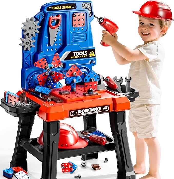Kids Tool Toy Playset with Electronic Drill Sound for Aged 3 4 5 6 7 8, Workbench Toys for Toddlers 3-5, Pretend Play Tool Box, Construction Mechanic Set, Birthday Gift for Boys Girls Ages 3-8