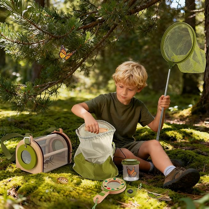 Bug Catcher Kit for Kids, Outdoor Explorer Toy Set with Butterfly Net, Wooden Magnifying Glass & Bug Container &Other Adventure Kit for Backyard Bugs Hunting and Camping Gifts for Boys Girls Age 3-12