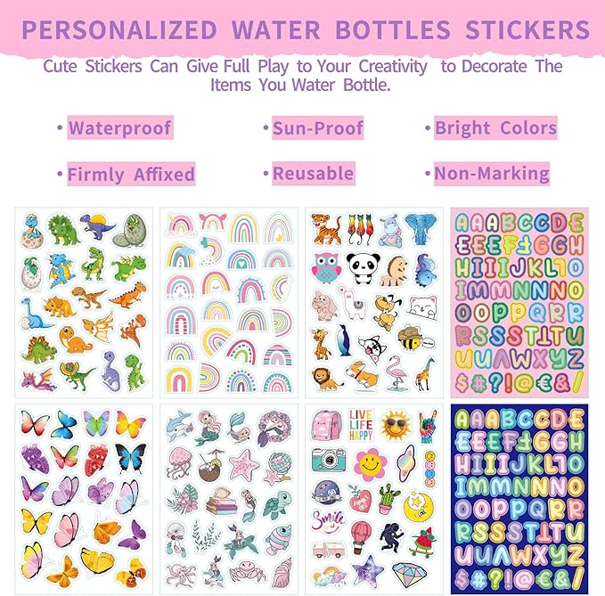 mininoo Kids Water Bottle for School, 16oz Stainless Steel Insulated Water Bottle Kids with Straw Lid for Girls, Boys (2 Pack)