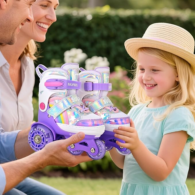 SULIFEEL Rainbow Unicorn 4 Size Adjustable Light up Roller Skates for Girls Boys for Kids