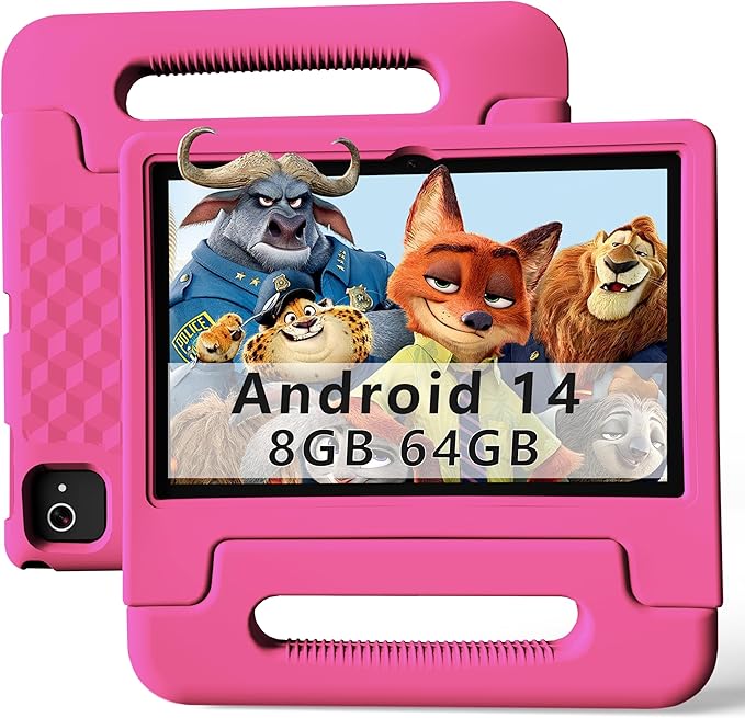 10.1-Inch Kids Tablet, 8GB+64GB, Android 14, 8-Core CPU, Educational Apps, Parental Controls, WiFi, 1280x800 HD Display, Cameras, Shockproof, Long Battery Life