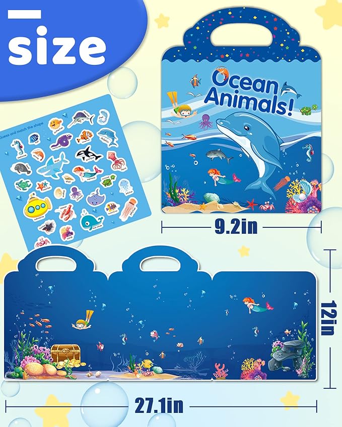Benresive Reusable Sticker Book for Toddlers 2-4 Years, Fun Travel Stickers for Kids, Waterproof Sticker Books for Toddlers 1-3, Crafts Activities for Toddler 1-3 2-4 3-5 - Ocean Animals