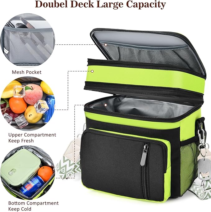 LOKASS Lunch Box for Women/Men-16L-Insulated Lunch Bag, Expandable Double-layer Leakproof Cooler Bag with Upgrade Adjustable Shoulder Strap Ideal for Work/Travel/Picnics(Neon Green)