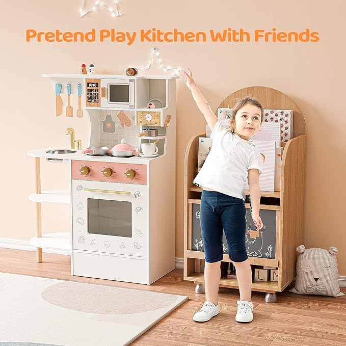 JOYMOR Kids Play Kitchen Sets, Toddler Kitchen w/Kitchen Sink & Ample Play Kitchen Accessories, Ideal for Creative Pretend Play for Children 3-10 (Cream&Gold)