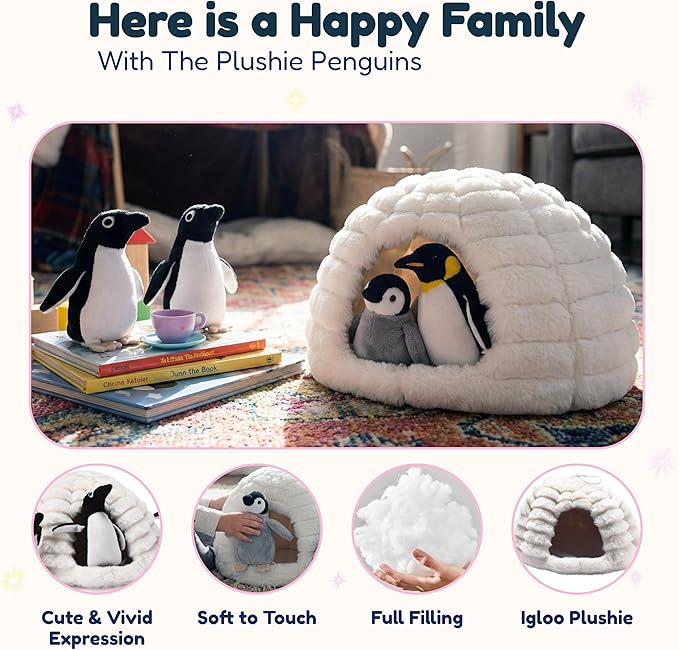 Penguin Stuffed Animal Set - 4 Soft and Cuddly Plush Penguins with Igloo - Perfect Penguin Plush Toy for Kids to Play, Cuddle, and Uplift Social Skills - Soft, Huggable, and Safe