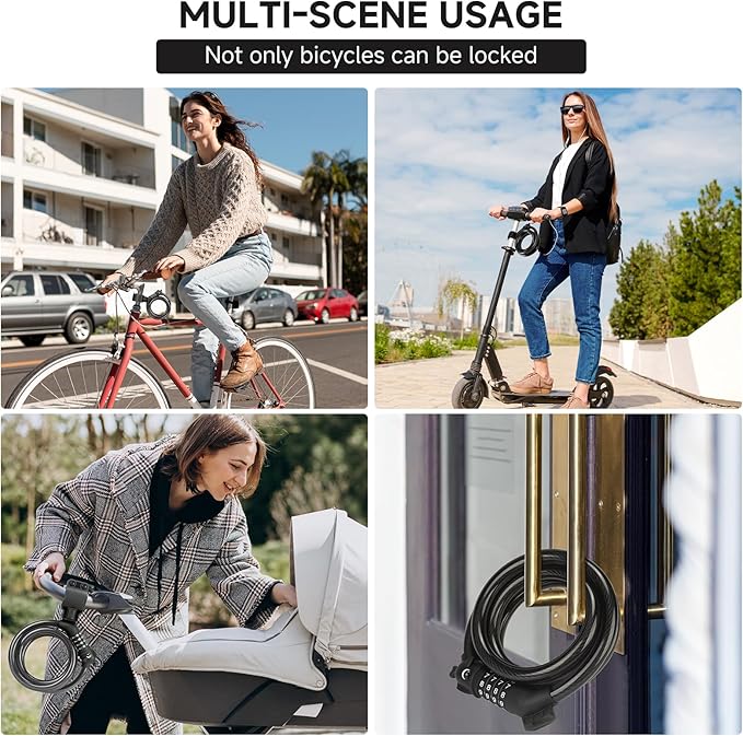 Bike Lock, 3.9 Feet 4-Digit Resettable Combination Password Anti-Theft Cable Lock, Cute Coiled Bike Locks with Mounting Bracket, Suitable for Bicycles, Electric Scooters, Ebikes (Black-10mm)