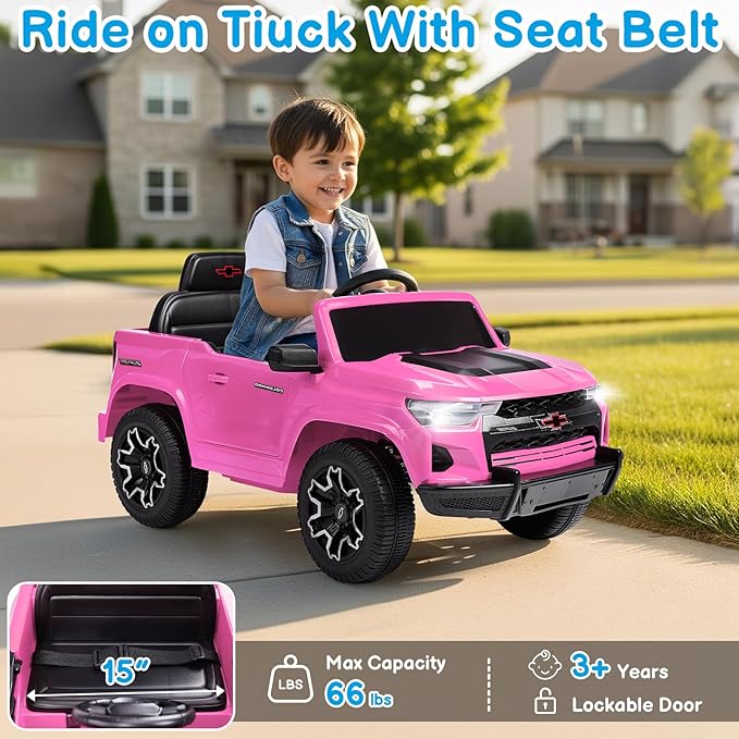 Winado Licensed Chevrolet Colorado Electric Car for Kids, 12V Ride on Toys for Toddlers with Remote Control, Battery Powered Electric Car Ride On Vehicle w/Bluetooth, Soft Start, LED Lights - Pink