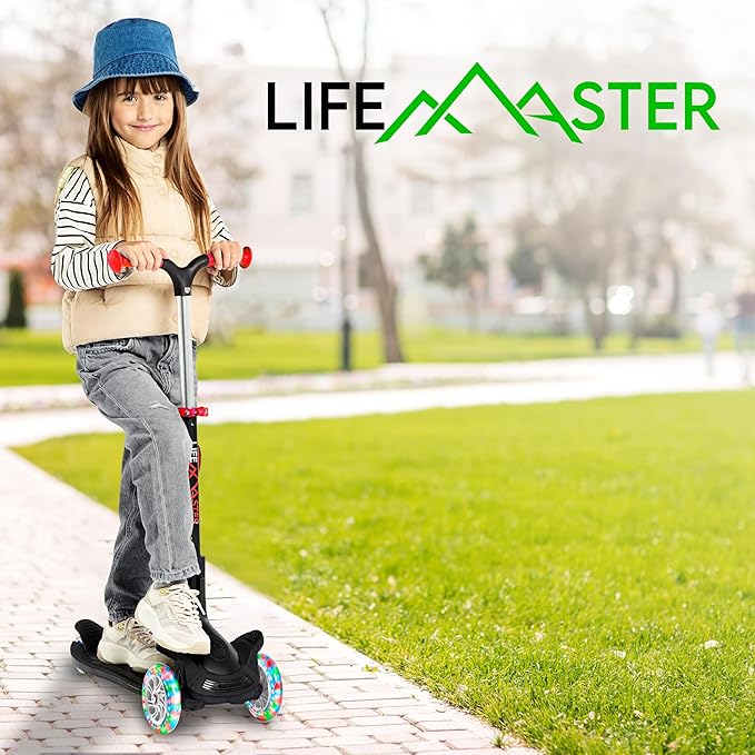 Kids Scooter – Foldable Seat – LED Wheel Lights Illuminate When Rolling – Children and Toddler 3 Wheel Kick Scooter – Adjustable Handlebar – Indoor and Outdoor- by Lifemaster