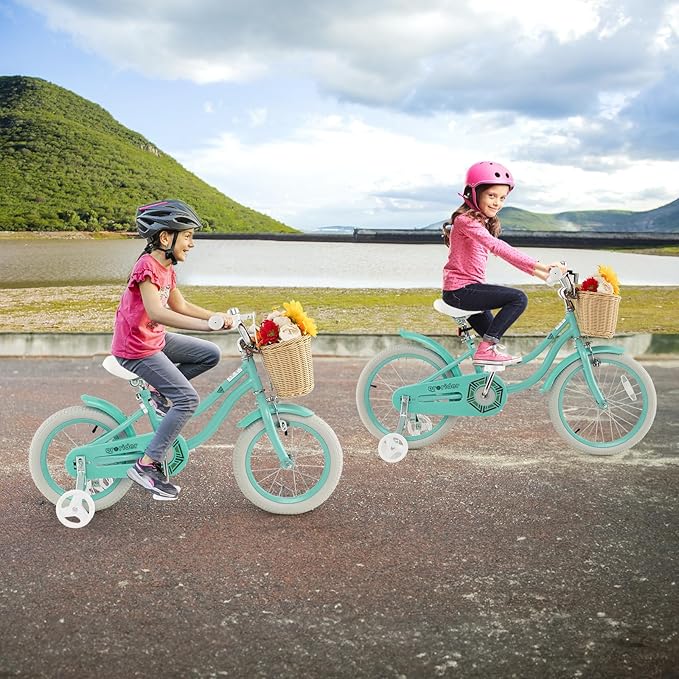 BABY JOY Kids Bike, 14 16 18 Inch Retro Kids Bicycles for 3-8 Years Old Children with Training Wheels, Adjustable Height, Rattan Basket, Handbrake & Coaster Brake, Boys Girls Bike (Pink, Green, Blue)