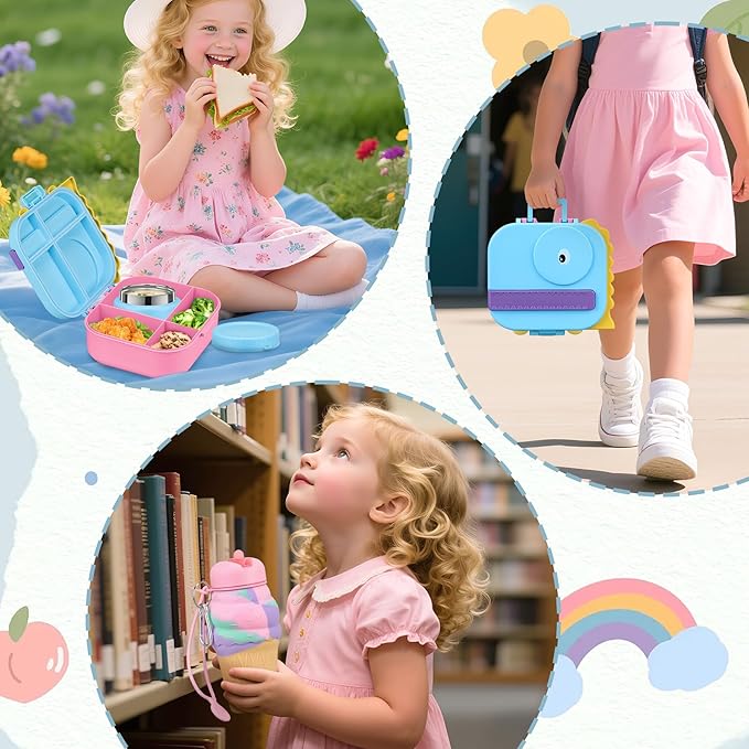 Dinosaur Lunch Box for Kids with Secret Compartment | 4 Compartments Bento Box + 12oz Insulated Food Jar | Leak-Proof Sauce Cup & Collapsible Spoon | BPA-Free, Dishwasher Safe(Grey+Grey Jar)