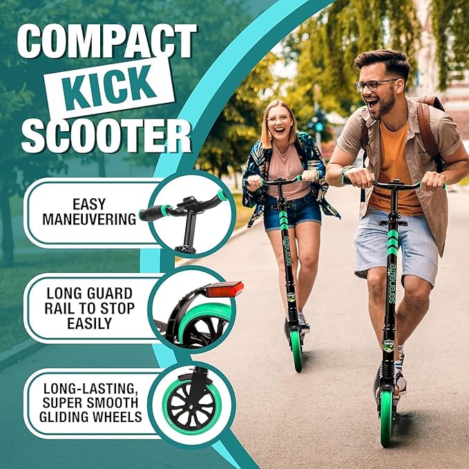 SereneLife Kick Scooter Adult Teenagers Kids- 2 Wheel Kids Scooter with Adjustable T-Bar Handlebar - Alloy Anti-Slip Deck - Portable Folding Scooters for Kids with Carrying Strap