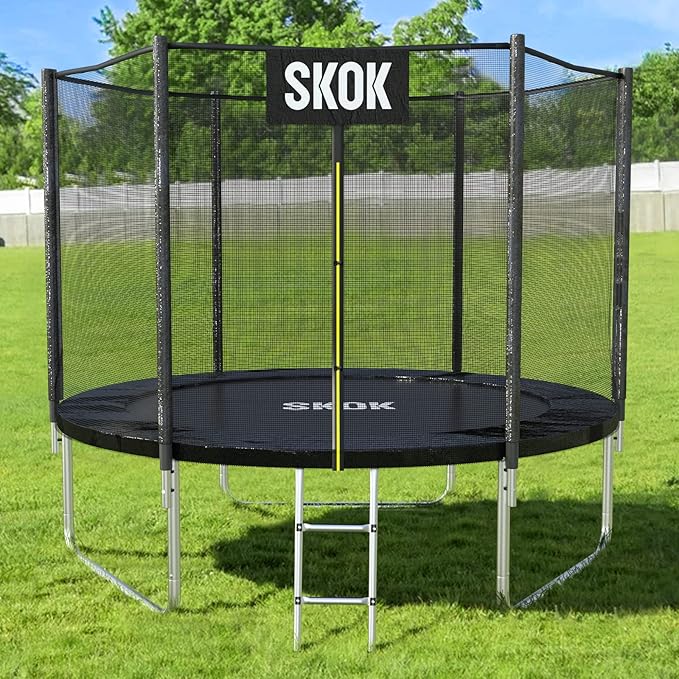 SKOK Trampoline 8FT 10FT 12FT 14FT 15FT Trampolines with Enclosure Net, 400LBS Outdoor Trampolines for Kids with Basketball Hoop-ASTM Approved Trampoline for Children and Adults with Ladder