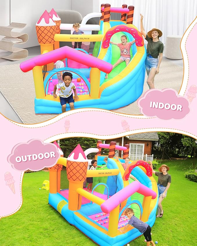 Doctor Dolphin Inflatable Bounce House with Air Blower, Bouncy Castle for Toddlers, Kids Jumping and Slide Castle for Indoor & Outdoor