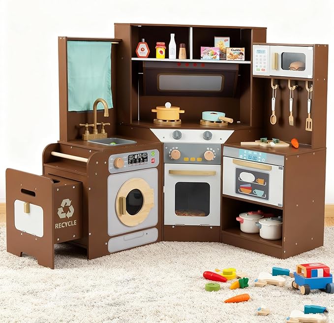 Costzon Corner Play Kitchen, Large Pretend Play Kitchen w/Real Light & Sound, Pull-Out Trash Can, Stoves, Microwave, Oven, Washer, Little Chef Wooden Kitchen Playset for Kids 3+ Years Old (Coffee)