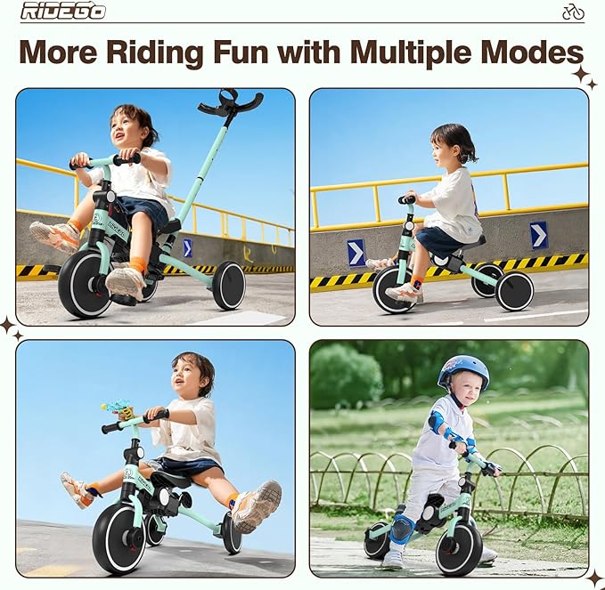 Ridego 5-in-1 Toddler Tricycle for Toddlers 1–3, Foldable Push Trike with Parent Handle & Cup Holder, Adjustable Seat, Balance Bike Mode & EVA Wheels, Great Bike Gift for Kids 2–5, Green