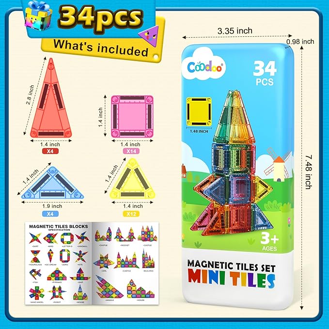 Coodoo Magnetic Tiles for Kids Ages 4-8 Toddler Toys Magnetic Blocks Building Toy STEM Outdoor Kids Toys Gift for Boys & Girls 3+ Year Old, Pocket-Sized Mini Tiles for Classroom Must Haves