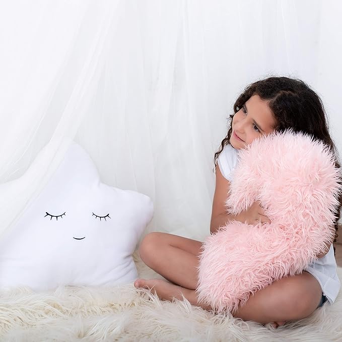 Perfectto Design Set of 2 Decorative Pillows, Toddler Room. Star Fluffy White Embroidered and Furry Pink Faux Fur Soft and Plush Girls Pillows – Throw Pillows for Kid’s Bedroom Décor