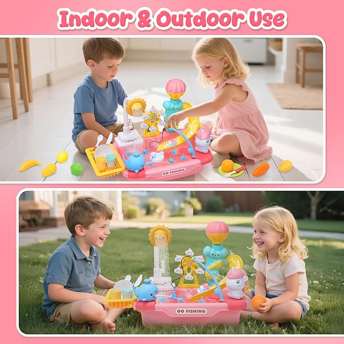 CUTE STONE Play Kitchen Sink with Running Water, Toddler Play Sink for Kids, Toy Sink with Electric Faucet, Fishing Game, Pretend Dishwasher, Water Table Toys & Kitchen Accessories for Girls