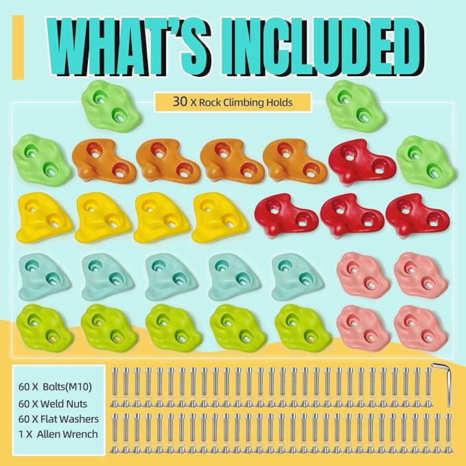 30 PCS Rock Climbing Holds for Kids, Extra Large Climbing Rock Wall Grips, Adult Rock Wall Holds Rock Wall Climbing Kit with Hardware for Indoor and Outdoor Climbing Wall Holds(Pastel Color)