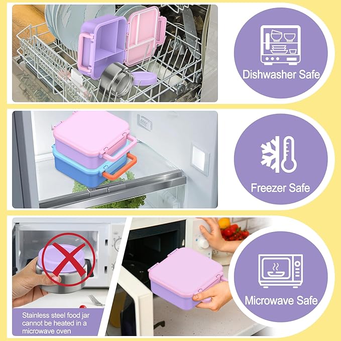 Bento Lunch Box for Kids with 9oz Thermo, Leak-proof Lunch Containers with 3 Compartments,Kids-friendly Size,Durable/Dishwasher Safe Lunch Box for School Outdoors Purple-Pink