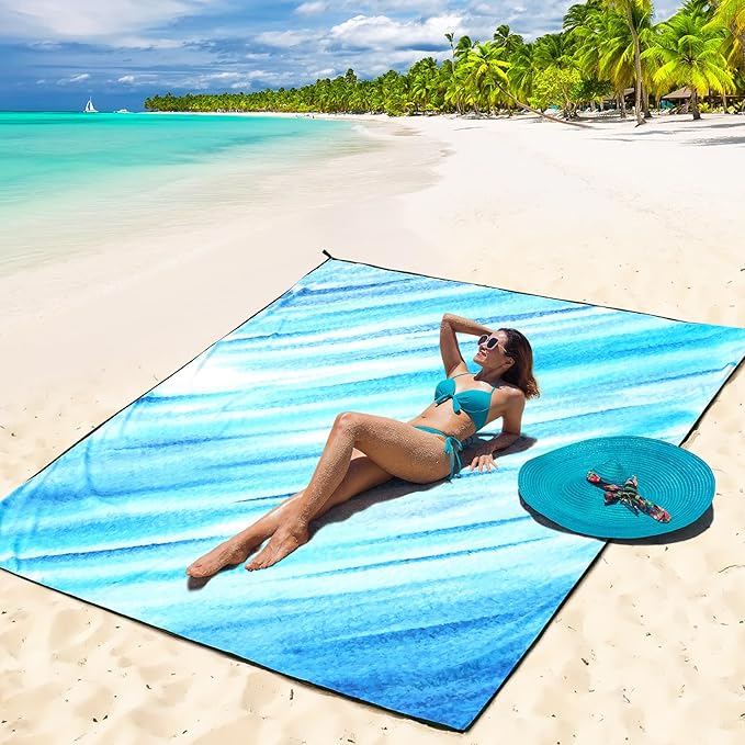 Beach Blanket Waterproof Sandproof Beach Mat 79" X 83"/10'x9'for 2-8 Adults Quick Drying Outdoor Picnic Mat Beach Accessories for Travel, Camping, Hiking
