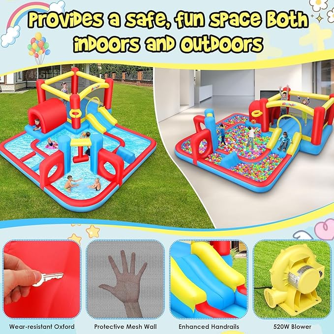 AKEYDIY Bounce House for Kids 3-10,Tunnel Obstacle, Dual Slides- Inflatable Obstacle Course Bounce House,Adventure Maze Inflatable Water Slides Park for Kids Indoor Backyard