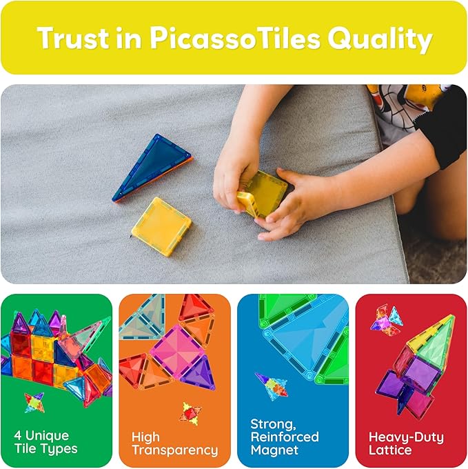 PicassoTiles Magnetic Tiles Building Blocks Mini Size Diamond Series Magnet Toys Travel Size On-The-Go Magnets Construction Sensory Toys Gifts Educational Set Toddlers STEM Learning Kit Playset PTM40