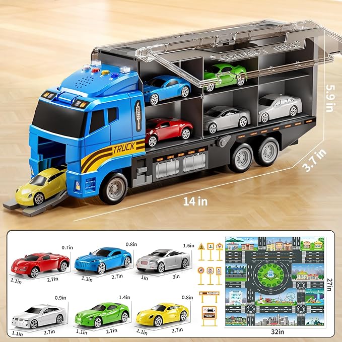 Toddler Boys Toys for 3 4 5 6 Years Old, Truck Vehicle Set with Play Mat and Die-Cast Toy Car, Transport Carrier Truck for Kids, Birthday Gifts Toys for 3 4 5 6 7 8+ Year Old Boys