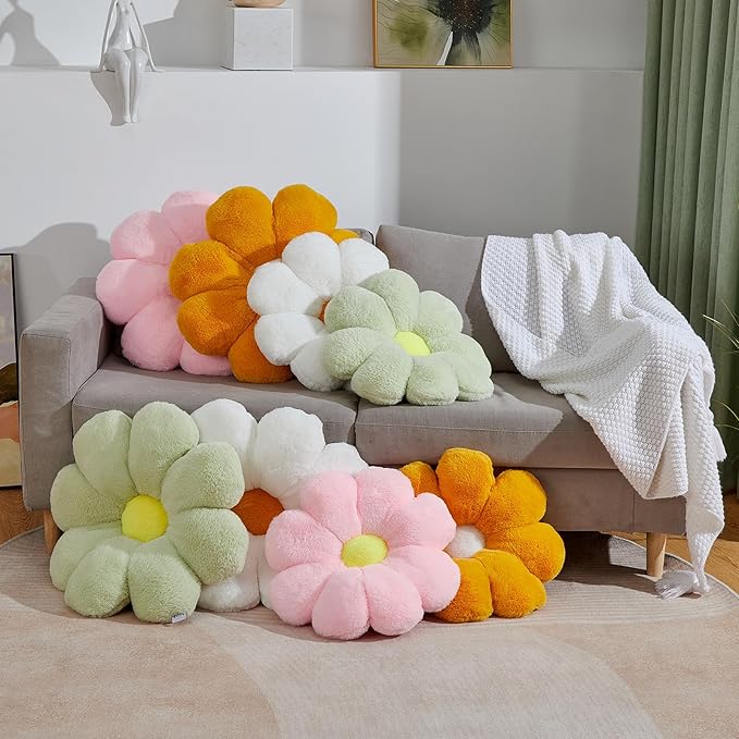 20" Large Flower Pillow Daisy Pillow Seat Cushion – White Faux Rabbit Fur Plush Throw Pillow, Cozy Floor Cushion & Gift for Kids Girls Adults