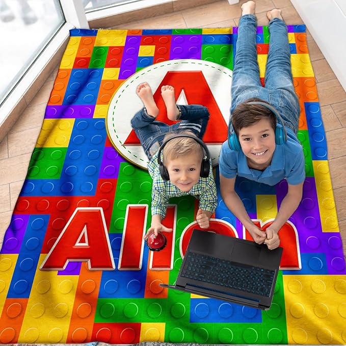 Boys Blankets, Personalized Building Blocks Blanket with Initial Monogram for Kids Toddlers, Funny Throws Blanket Gift, Soft Cozy Flannel Throw for Sofa Bed Couch Decor