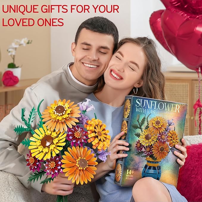 Sunflower Bouquet Building Blocks with Vase Set, 1065 PCS Botanical Collection Christmas Birthday Gifts for Adults Women Men Teen Girls, Artificial Flower Home Decor Gifts for Her Him Mom Wife Grandma