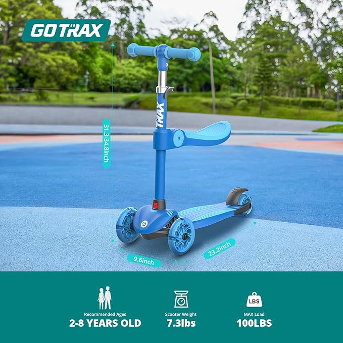 Gotrax KS3 Kids Kick Scooter, LED Lighted Wheels, Adjustable Height Handlebars and Removable Seat, Lean-to-Steer & Widen Anti-Slip Deck, 3 Wheel Scooter for Kids Ages 2-8 and up to 100 Lbs