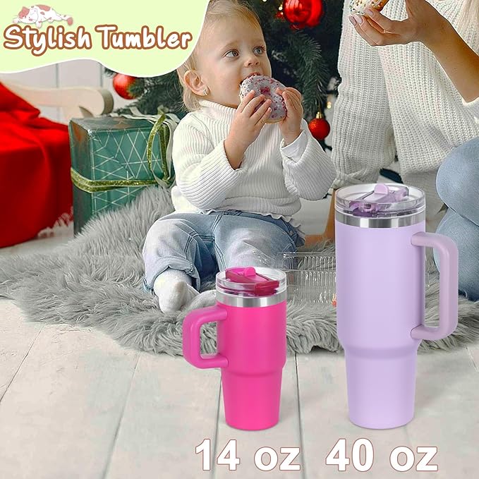 Cosictic 14 Oz Flip Straw Tumbler with Handle for Kids, Stainless Steel Double Wall Insulated Cup for Children with Flip Top Lid, 14 Oz Leak-proof Cups for Kids, Hot Pink and Rose Quartz