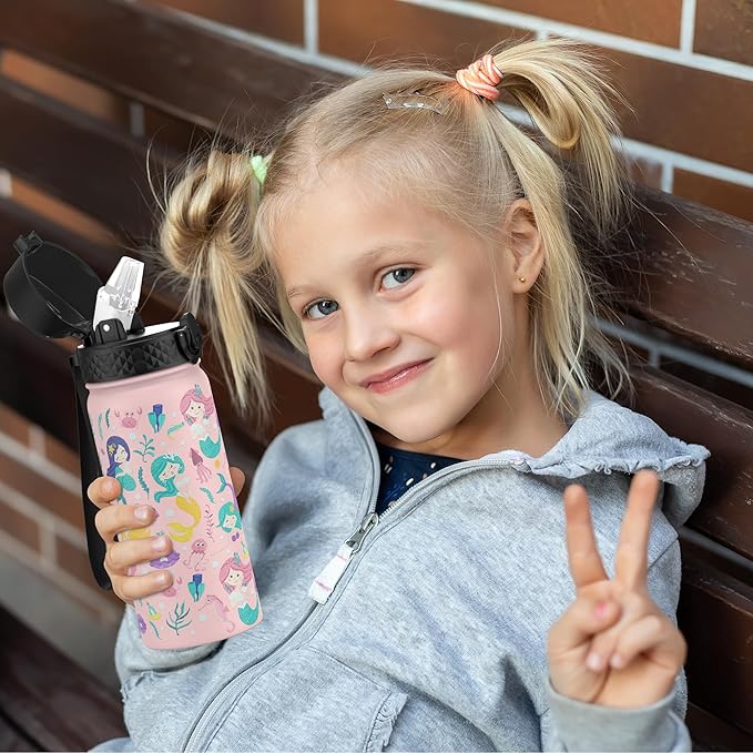 GOPPUS Kids Water Bottle (Straw Lid) - 18 Oz Stainless Steel Travel Bottle, Double Wall Vacuum Leak Proof Kids Cup for School Boys Girls,Happy Mermaids