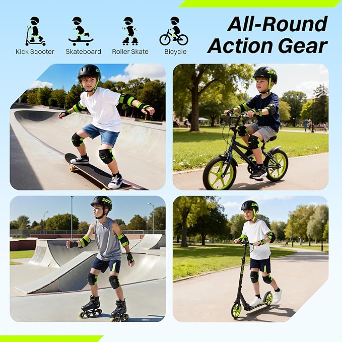 ZIFFY Knee Pads for Kids, Adjustable Knee and Elbow Pads Set with Wrist Guard, Protective Gear for Boys Girls Skateboard Roller Skating Cycling Bike – 2 Sizes, 4 Colors by Jova