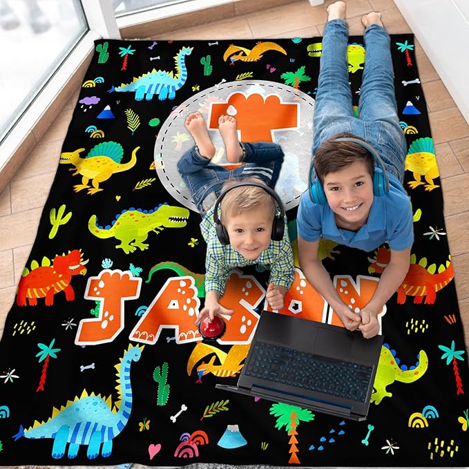Dinosaur Boys Blankets, Personalized Initial Monogram Blanket for Kids Toddlers, Cute Throws Blanket Gift, Soft Cozy Flannel Throw for Sofa Bed Couch Decor