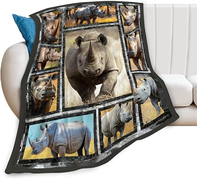 White Rhino Blanket Rhinos Animal Throw Blankets Gifts for Girls Boys Kids Rhino Lover Soft Cozy Fleece Plush for Couch Sofa Bed 80"x60"