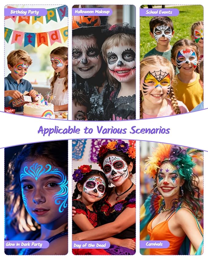Face Painting Kit for Kids, 50 Colors Water Activated Face Paint Kit, Non-Toxic Professional Makeup Palette with Stencils, Gems, Brushes, Hair Dye Comb & Bucket for Kids Parties & Christmas