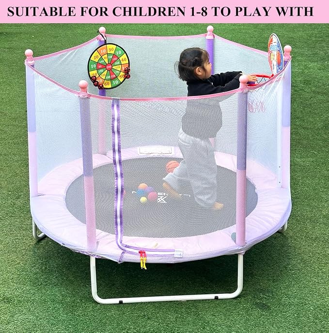 LANGXUN 60" Trampoline for Kids, 5ft Toddler Mini 6-in-1 Trampoline Indoor Outdoor with Swing, Basketball Hoop, Dart Board, Gymnastics Bar, Rings, Christmas Toys Birthday Gifts for Girls Boys Age 3-8