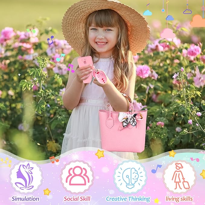 Play Purse for Little Girls, Toddler Travel Purse with Accessories, Pretend Play Toys Including Handbag, Camera, Phone, Wallet, Fake Makeup, Birthday Christmas Gifts for Girls Ages 3+