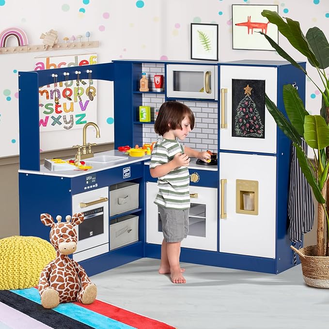 Corner Play Kitchen for Kids, Wooden Toddler Kitchen Playset w/Faucet, Sink, Microwave, Oven, Apron, Blackboard, Cabinets, Pretend Cooking Toys w/Sound & Light Gift for Ages 3+ (Blue)