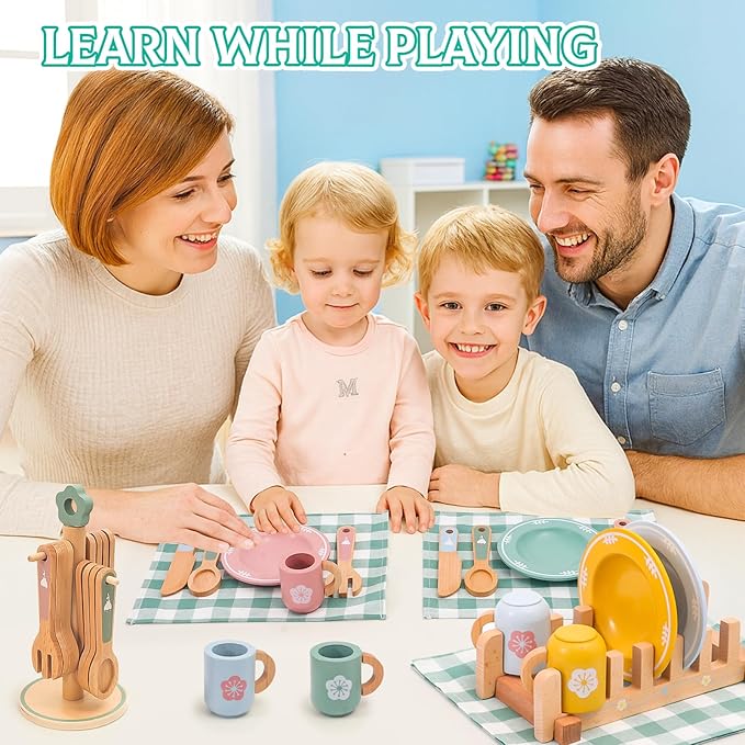 Wooden Play Kitchen Accessories Set with Detachable Dish Rack and Utensil Holder - Complete Set for Toddlers 3-5, Includes Plates and Cups, Colorful Cutlery for Pretend Play, Ideal Gift