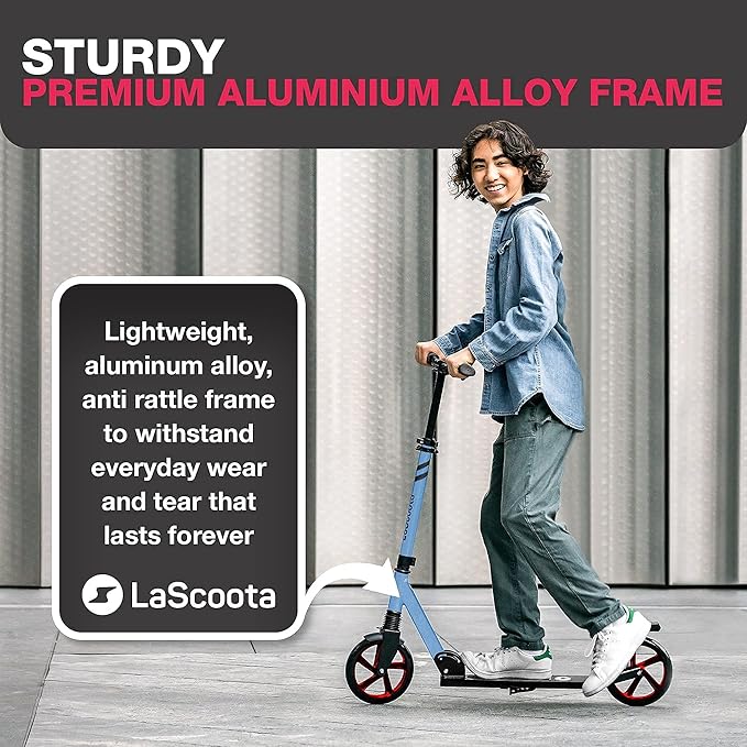 LaScoota Kick Scooter for Kids Ages 6+, Teens & Adults, Large 8" Sturdy Urethane Wheels. Adjustable Handlebar, Lightweight, Foldable, 220lbs Max Load
