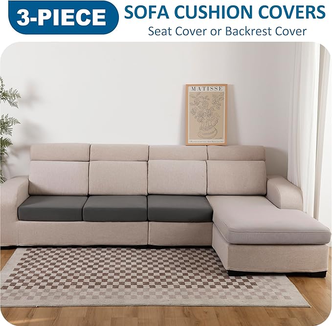 100% Waterproof Couch Cushion Covers, Replacement Sofa Cushion Covers, Stretch Individual Sofa Seat Cushion Slipcovers Furniture Protector for Kids Pets (3-Piece Sofa Cushion Cover, Grey)